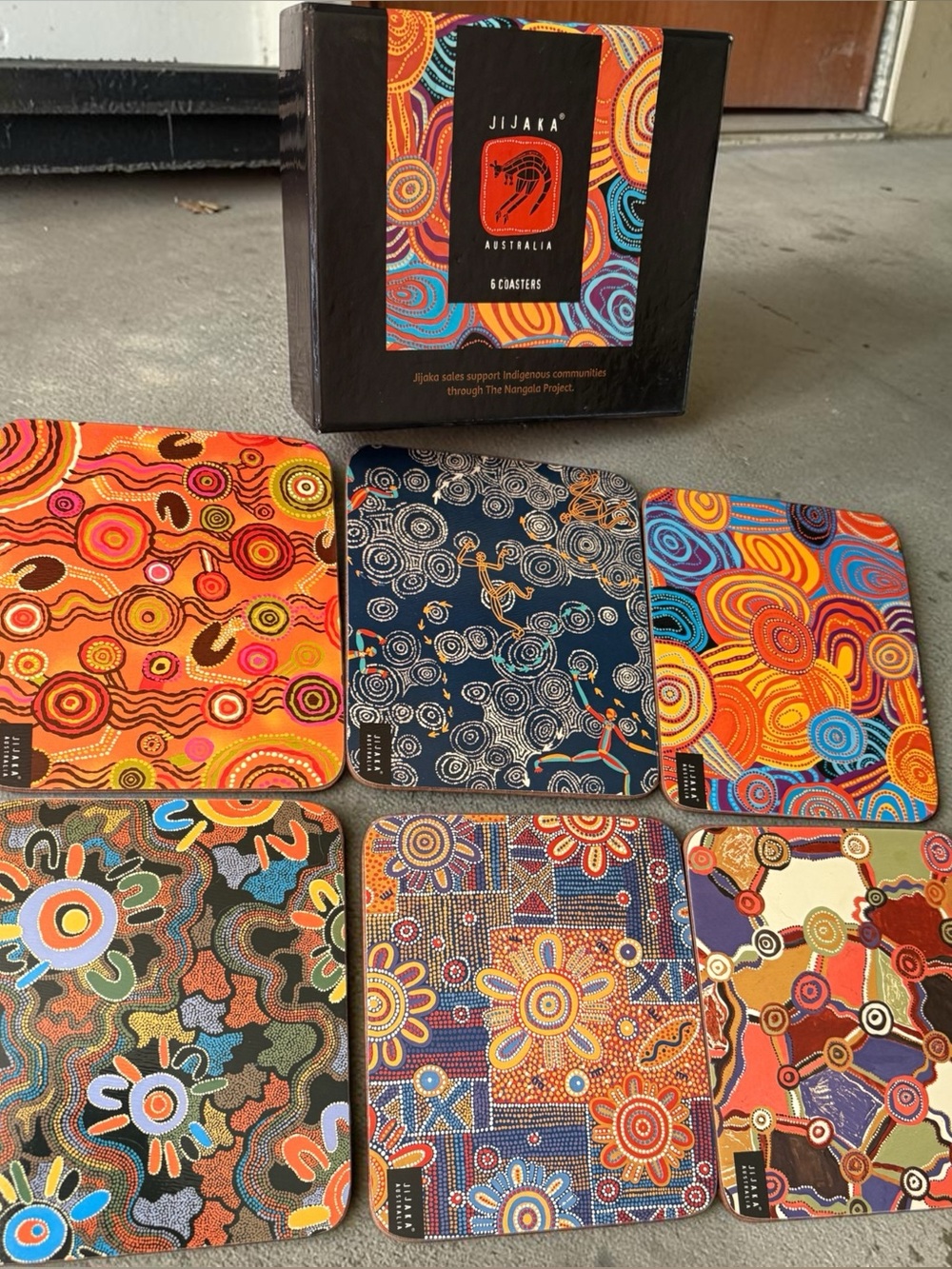 Set of 6 coasters Jijaka Australia Aboriginal Art- Colorful Dot Painting Designs